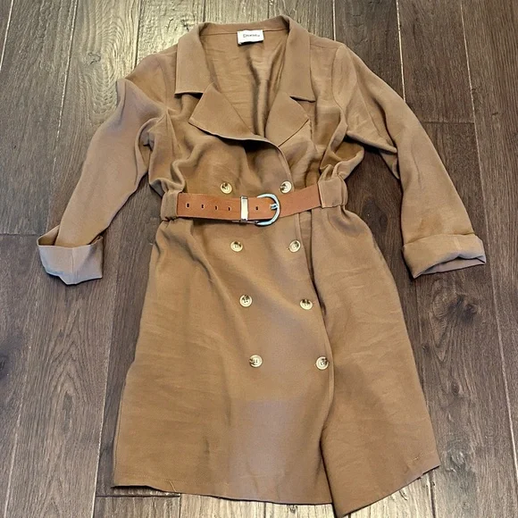 Brown Double-Breasted Women's Trench Coat With Belt - Picture 3 of 7